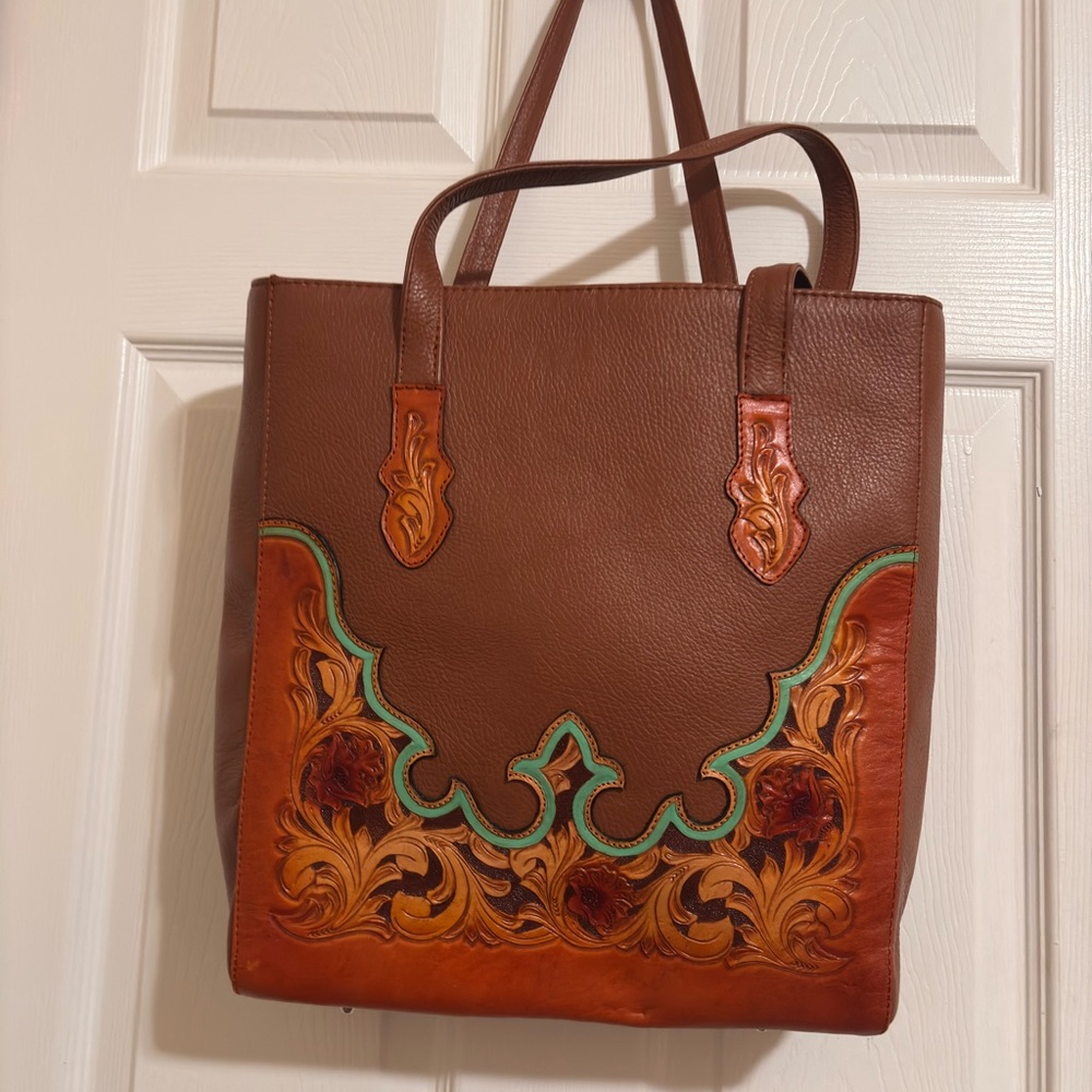 Brown and Tan Leather Tote Bag